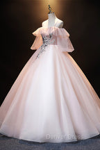 A Line Pink Spaghetti Straps Long Prom Dress, Pink Lace Prom Dresses