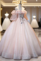 A Line Pink Spaghetti Straps Long Prom Dress, Pink Lace Prom Dresses