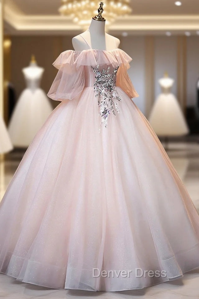 A Line Pink Spaghetti Straps Long Prom Dress, Pink Lace Prom Dresses