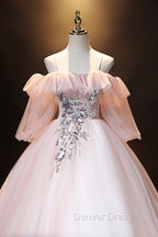 A Line Pink Spaghetti Straps Long Prom Dress, Pink Lace Prom Dresses