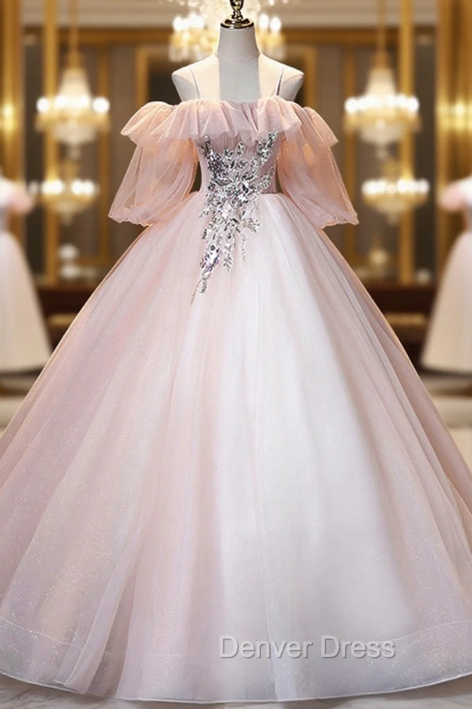A Line Pink Spaghetti Straps Long Prom Dress, Pink Lace Prom Dresses
