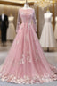 A-Line Pink Tulle Appliques Sequins Long Sleeve Prom Dresses