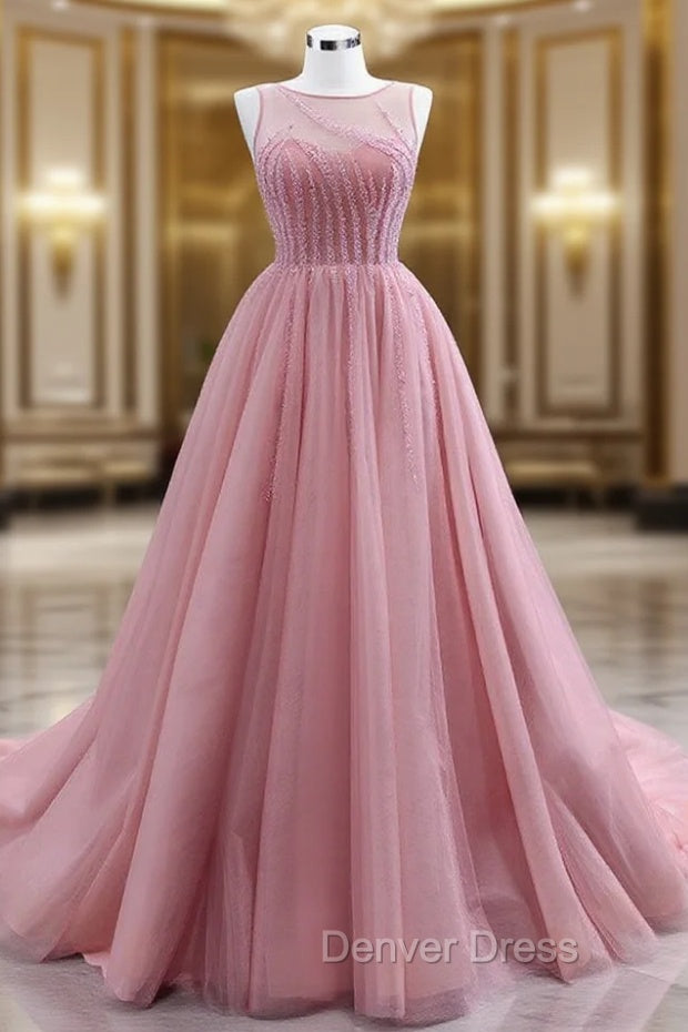 A-Line Pink Tulle Backless Beading Prom Dresses Main image