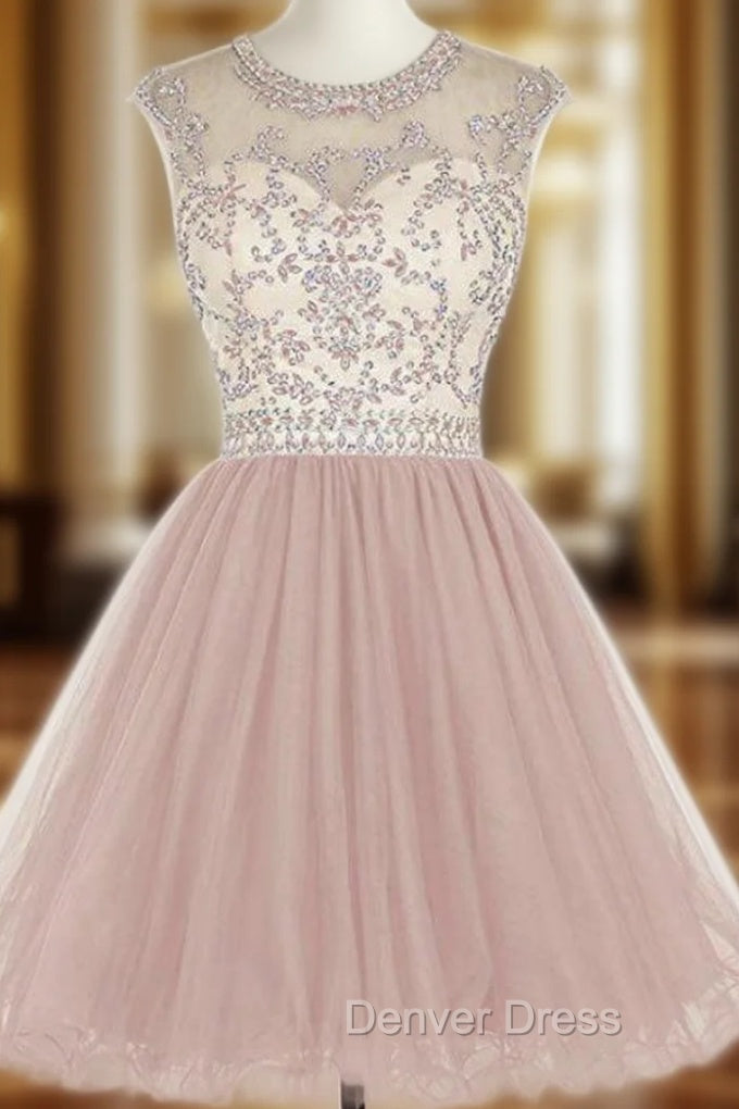 A-Line Pink Tulle Cap Sleeve Beading Sequins Homecoming Dresses