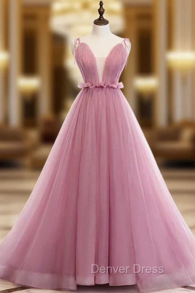 A-Line Pink Tulle Deep V-neck Backless Long Prom Dresses