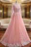 A-Line Pink Tulle Lace Appliques Long Sleeve Prom Dresses