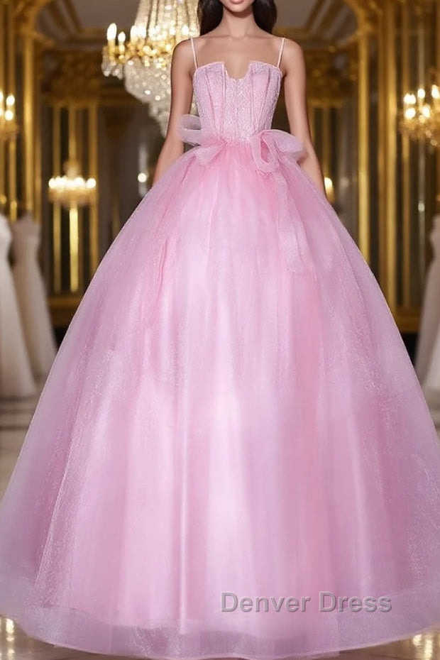 A Line Pink Tulle Lace Long Prom Dress, Pink Prom Dresses