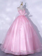 A Line Pink Tulle Lace Long Prom Dress, Pink Prom Dresses