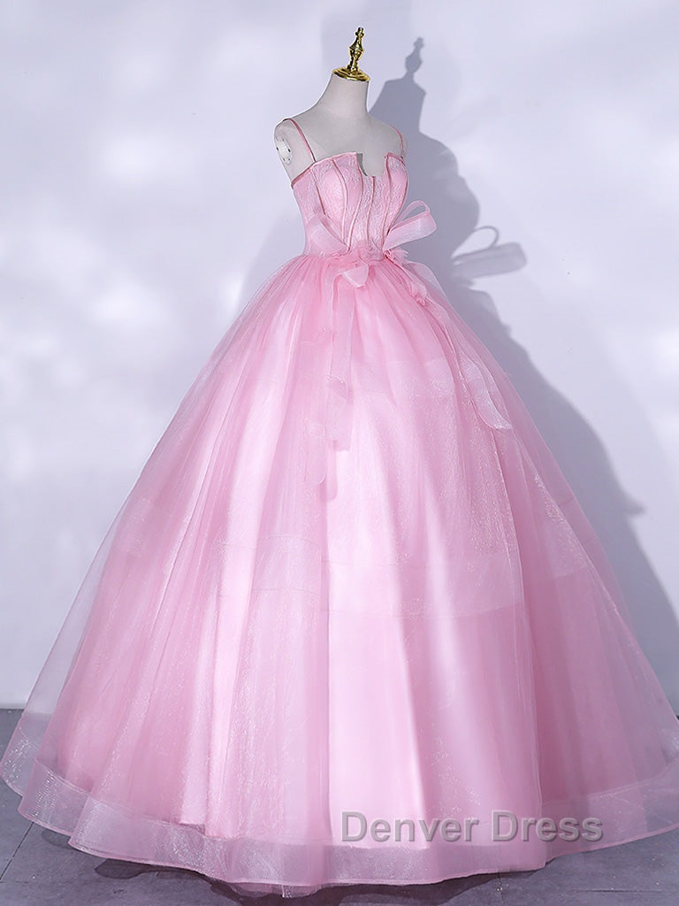 A Line Pink Tulle Lace Long Prom Dress, Pink Prom Dresses