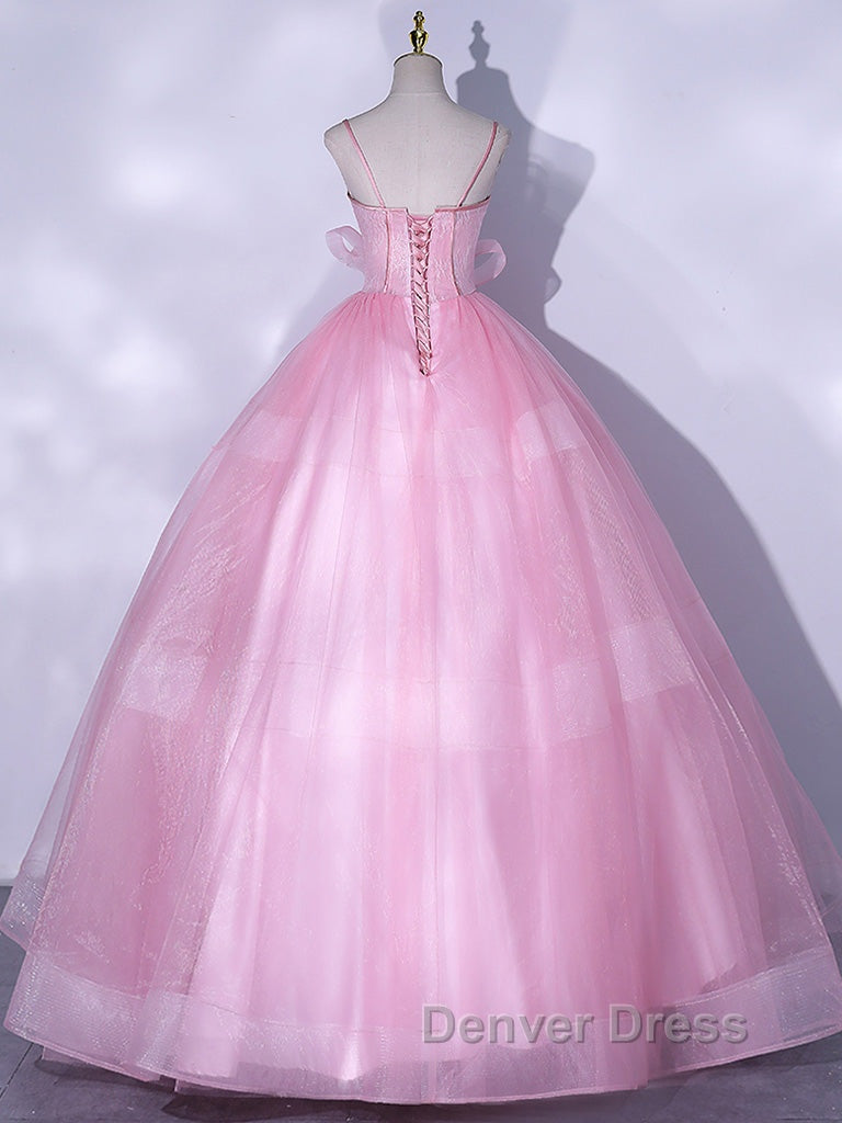 A Line Pink Tulle Lace Long Prom Dress, Pink Prom Dresses