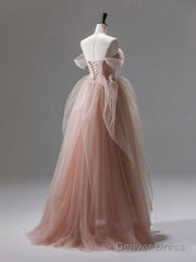A-Line Pink Tulle Lace Long Prom Dress, Pink Tulle Lace Formal Dress
