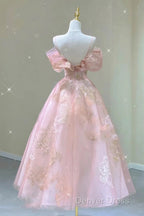 A Line Pink Tulle Lace Off The Shoulder Prom Dresses, Formal Evening Dresses