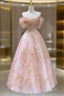 A Line Pink Tulle Lace Off The Shoulder Prom Dresses, Formal Evening Dresses