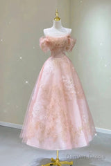 A Line Pink Tulle Lace Off The Shoulder Prom Dresses, Formal Evening Dress