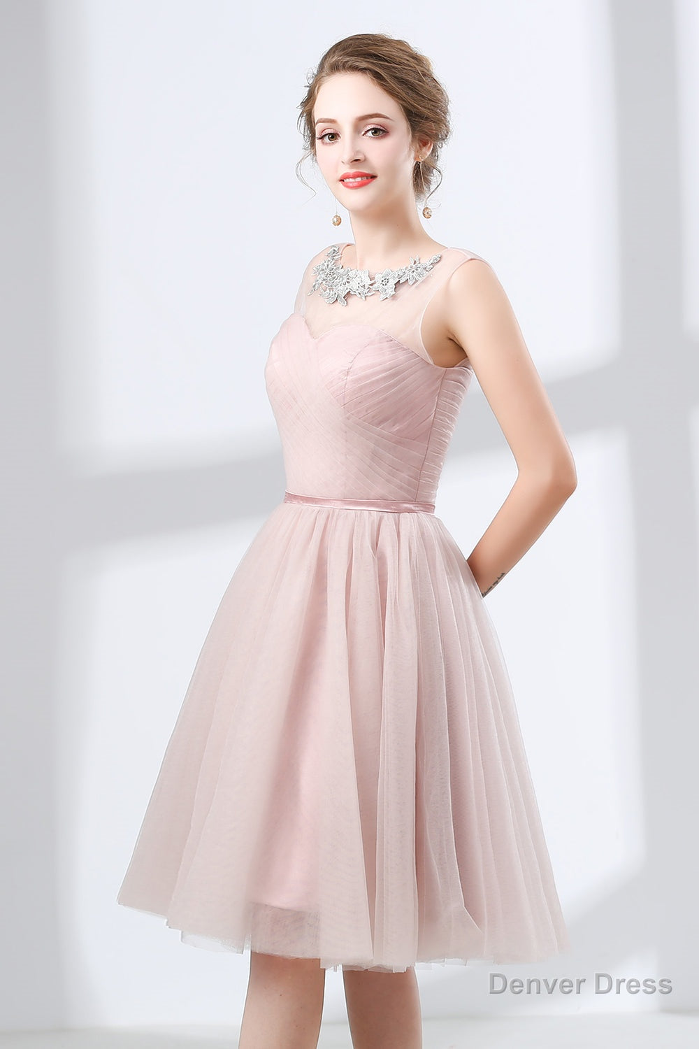 A Line Pink Tulle Lace Pleats Knee Length Homecoming Dresses