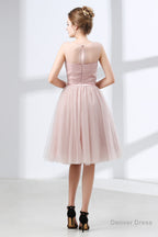 A Line Pink Tulle Lace Pleats Knee Length Homecoming Dresses