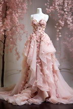 A Line Pink Tulle Long Prom Dress