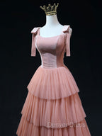 A Line Pink Tulle Long Prom Dresses, Pink Formal Graduation Dresses