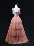 A Line Pink Tulle Long Prom Dresses, Pink Formal Graduation Dresses
