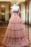 A Line Pink Tulle Long Prom Dresses, Pink Formal Graduation Dresses
