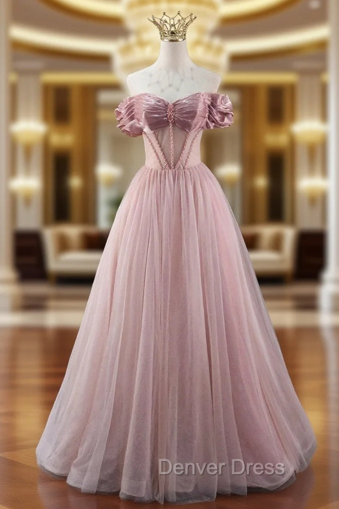 A-line Pink Tulle Off the Shoulder Beading Pleats Prom Dresses