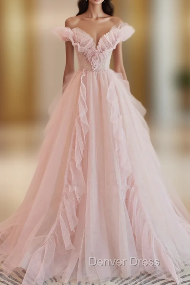 A-line Pink Tulle Off the Shoulder Prom Dresses Main image