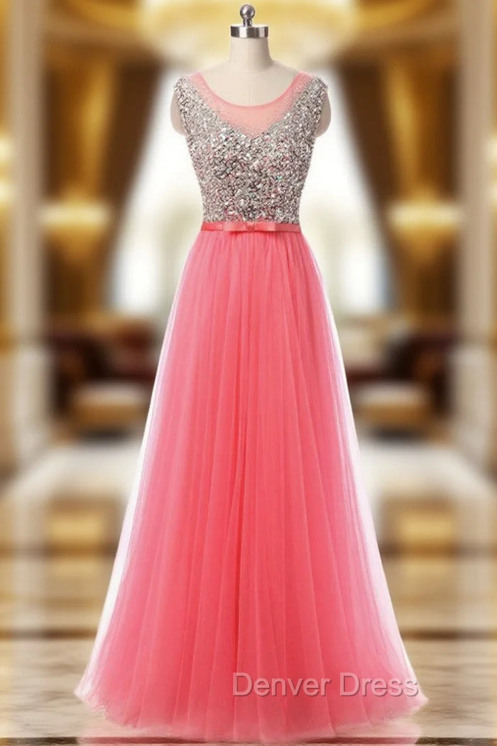 A-Line Pink Tulle Prom Dresses