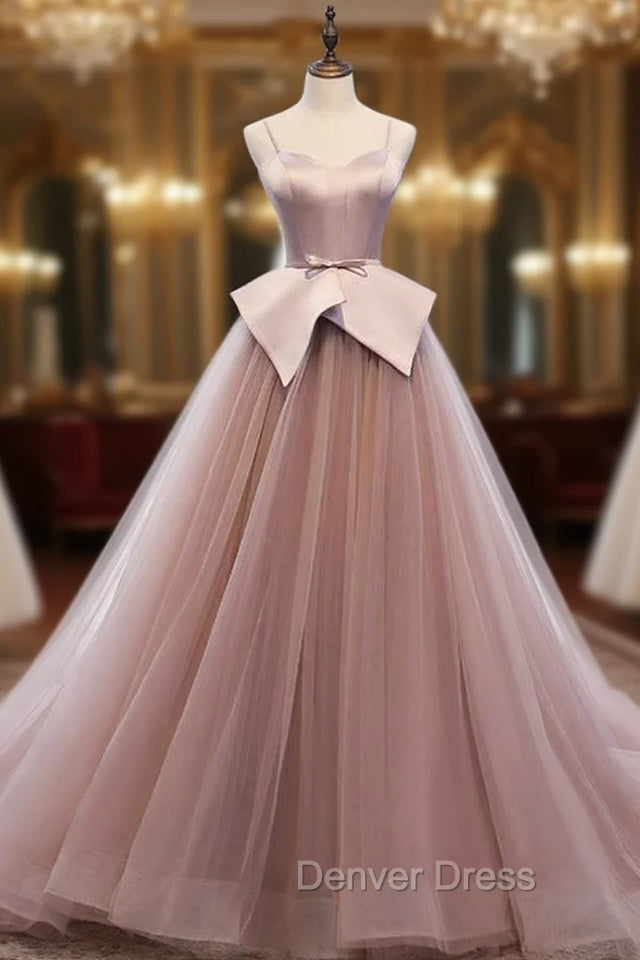 A Line Pink Tulle Satin Spagehtti Straps Prom Dresses