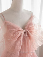 A Line Pink Tulle Sequin Long Prom Dress, Pink Prom Dresses
