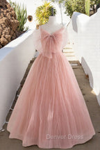 A-Line Pink Tulle Sequin Long Prom Dresses, Pink Formal Evening Dresses