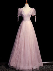 A-line Pink Tulle Sequins Short Sleeve Beading Prom Dress