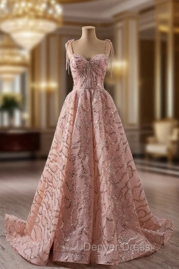 A-line Pink Tulle Sequins Spaghetti Straps Prom Dresses Main image