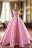 A-Line Pink Tulle Sequins Strapless Prom Dresses