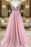 A-Line Pink Tulle Spaghetti Straps Backless Beading Prom Dresses