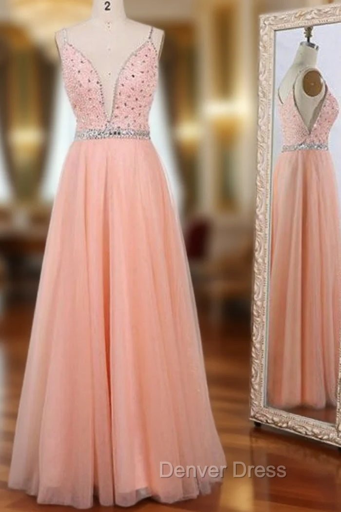 A-Line Pink Tulle Spaghetti Straps Beaded Floor Length Prom Dresses Main image