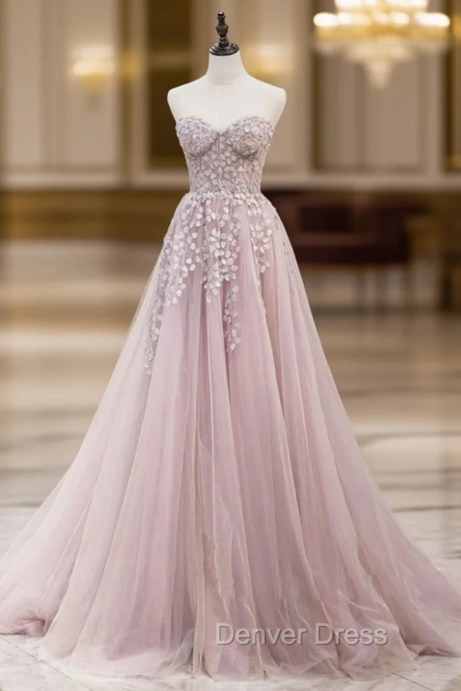 A-Line Pink Tulle Sweetheart Appliques Prom Dresses