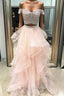 A-Line Pink Tulle Two Piece Off the Shoulder Long Prom Dresses
