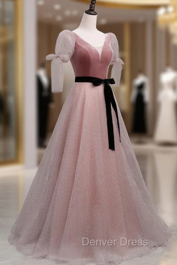 A-Line Pink Tulle Velvet Long Prom Dresses, Pink Formal Dresses Secondary image