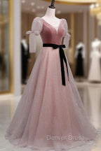 A-Line Pink Tulle Velvet Long Prom Dresses, Pink Formal Dresses