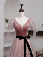A-Line Pink Tulle Velvet Long Prom Dresses, Pink Formal Dresses