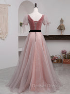 A-Line Pink Tulle Velvet Long Prom Dresses, Pink Formal Dresses