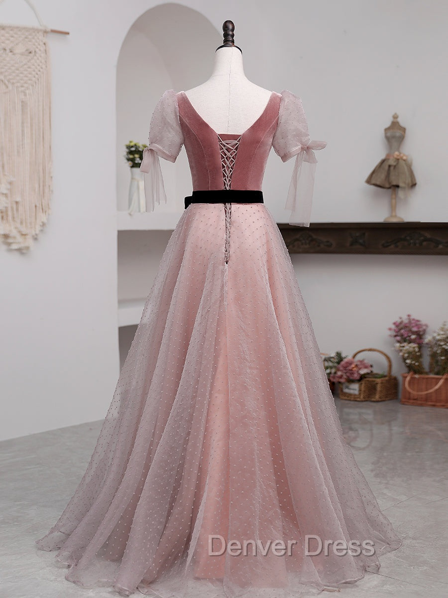 A-Line Pink Tulle Velvet Long Prom Dresses, Pink Formal Dresses