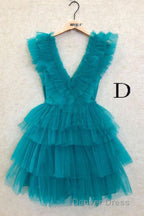 A Line Pink V Neck Tiered Homecoming Dresses,Tulle Short Prom Party Dresses
