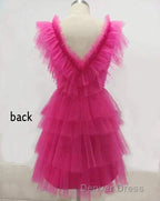 A Line Pink V Neck Tiered Homecoming Dresses,Tulle Short Prom Party Dresses