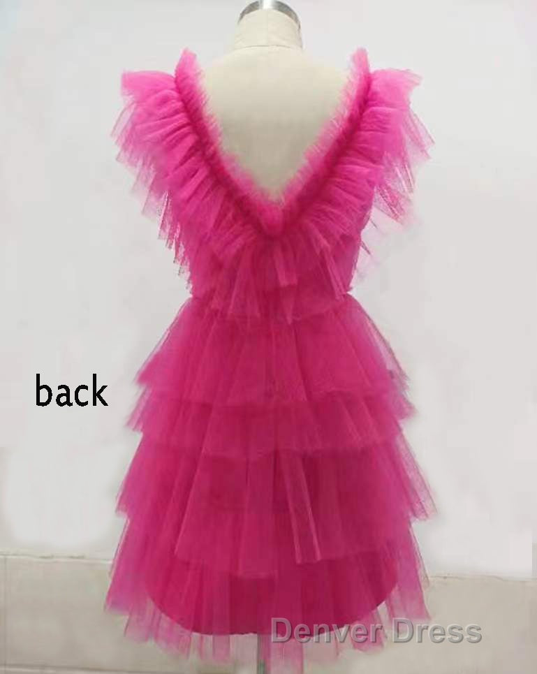 A Line Pink V Neck Tiered Homecoming Dresses,Tulle Short Prom Party Dresses