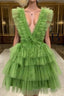 A Line Pink V Neck Tiered Homecoming Dresses,Tulle Short Prom Party Dresses