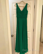 A Line Pleated Chiffon V Neck Long Bridesmaid Dresses