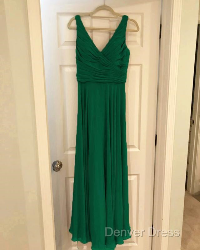 A Line Pleated Chiffon V Neck Long Bridesmaid Dresses