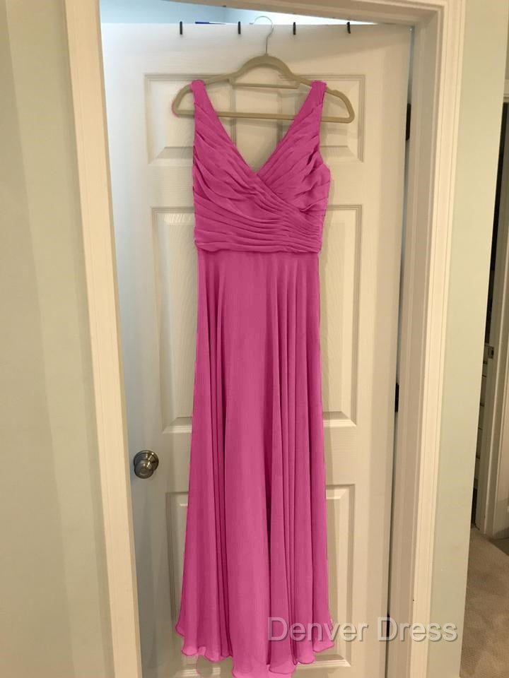 A Line Pleated Chiffon V Neck Long Bridesmaid Dresses