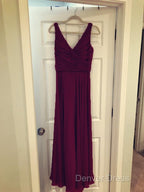 A Line Pleated Chiffon V Neck Long Bridesmaid Dresses